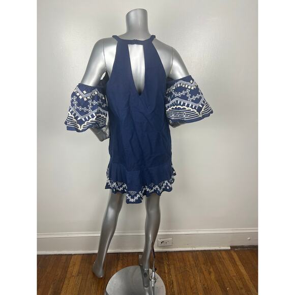 Red Carter Phoebe Mini Dress Linen Cotton Embroidered Navy Cold Shoulder Sz S - Picture 4 of 10